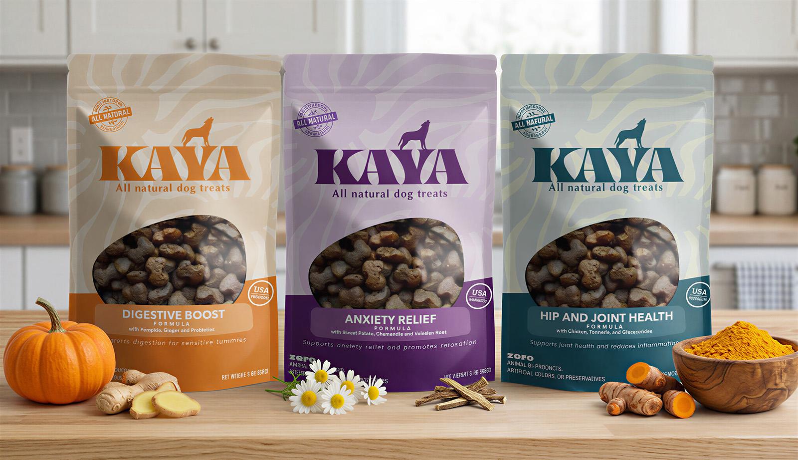 Kaya all-natural pet treats in a bright kitchen setting